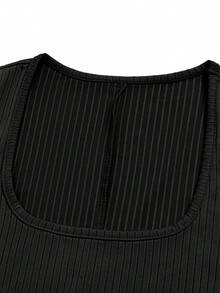 UREREM 210g Soft Solid Color Square Neck Ribbed Knit Side Drawstring Bodycon Long Sleeve Dress Black Spring Elegant - Black - View 3