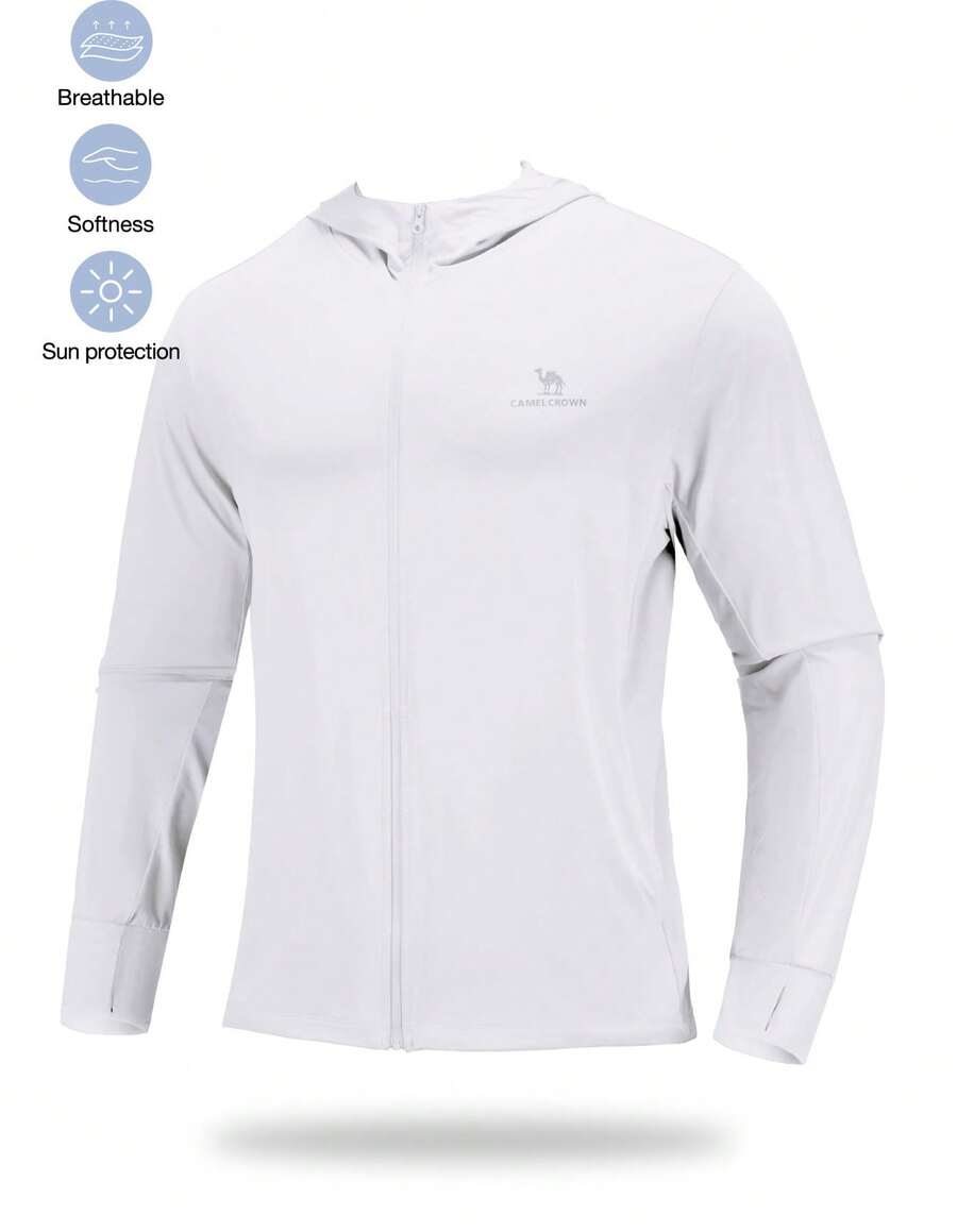 CAMEL CROWN Camisa de manga larga con cremallera completa UPF 50+ para hombres, sudadera con capucha SPF, chaqueta protectora contra los rayos UV, camiseta de protección solar - Nube blanca que fluye - Ver 1