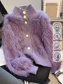 JIANHU Korean Style Fuzzy Knit Cardigan – Fall Winter Soft Faux Fur Sweater With Scalloped Trim And Pearl-Like Buttons, Cozy High Neck Jacket For Daily Looks