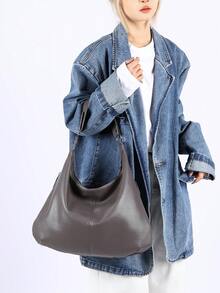 新款柔软皮革女士包，简约休闲单肩包，女士流浪包，简约腋下包，大容量手提包，适合工作通勤购物休闲 - 灰色 - 查看 6