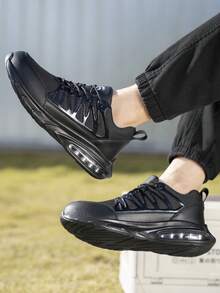 GUYISA Steel Toe Safety Shoes, Anti-Smash & Anti-Puncture, Fashionable Breathable Black Patchwork Design, Lightweight Air Cushion Soft Sole, Functional Shoes For Men,