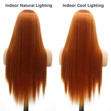 200% 密度 26 英寸 13x4 高清透明姜黄色蕾丝前假发，长直蕾丝前假发，橙色蕾丝前假发，丝质直发橙姜色发片闭合假发，合成耐热纤维假发，13*4 蕾丝假发，适合时尚女性日常佩戴，也适合圣诞派对和角色扮演。 - 薑色 - 查看 8