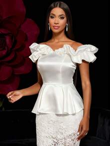 Women Valentine Chic White Glossy Off Shoulder Ruffle Peplum Elegant Top Spring Summer Weddings Party