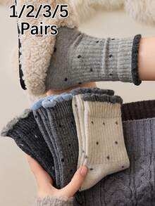 1双/2双/3双/5双装 女士加厚保暖蕾丝波点船袜，秋冬季舒适袜 - 彩色 - 查看 1