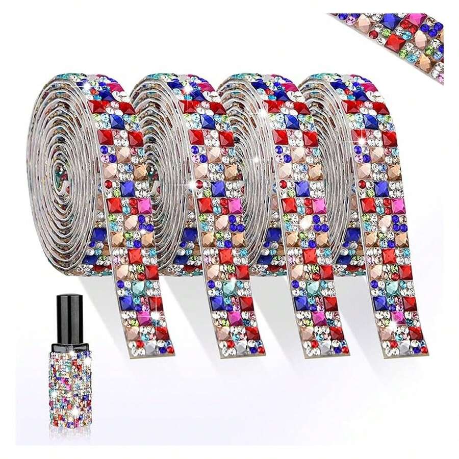 4 Yards Rhinestones Ribbon Self Adhesive Muti Color Crystal Rhinestone Strip With 4MM Square Gems Bling Rhinestones Tape Roll For DIY Bedazzling Craft, Car, Wedding, Home Decoration - Multicolor 1030 - View 1