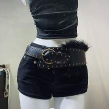 1pc PU Leather Rivet Fleece-Lined Perforated Belt: Punk Street Style Y2K Aesthetic Cool Women's Waist Strap - Pairs With Dresses, Casual Pants & Jeans - A款紅色 - 查看 9