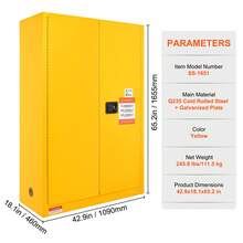 Gabinete para líquidos inflamables, 45 galones, gabinete de almacenamiento de líquidos inflamables de acero laminado en frío, 42,9 x 18,1 x 65,2 pulgadas, a prueba de explosiones con 2 estantes ajustables, 2 puertas manuales para uso industrial, amarillo - 45 galones - Ver 3