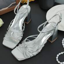 Women's Strappy Sandals Women 2.5-Inch Block Heel Tie Strap Square Toe Casual Comfortable Summer Shoes - 銀色 - 查看 3