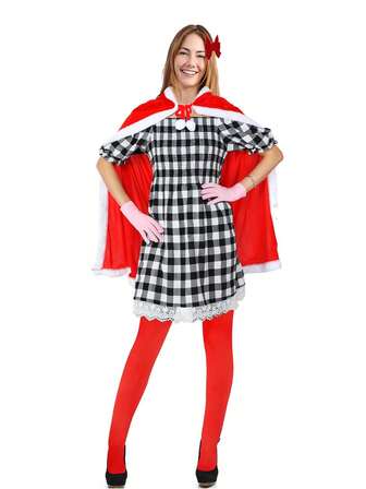 4개 크리스마스 테마 세트 - 플레인 무릎 길이 스타킹과 짝을 이루는 프린세스 케이프, 치어리더 보우 헤어 클립이 특징입니다. 크리스마스 테마 코스프레 이벤트 및 빨간 망토 소녀 롤플레잉 의상에 적합합니다.