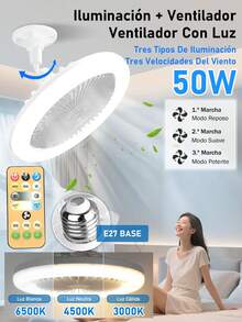 Ventilador De Techo E27 Lámpara Silenciosa Con Control Remoto  Ventiladores Luces 50W - Blanco - Ver 2