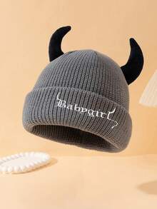 1pc High Quality 85g Large Circumference Women's Fashion Solid Color "BABYGIRL" Embroidered Knit Hat With Horn Decor, Suitable For Halloween Outfit And Outings Winter Women - A - View 16