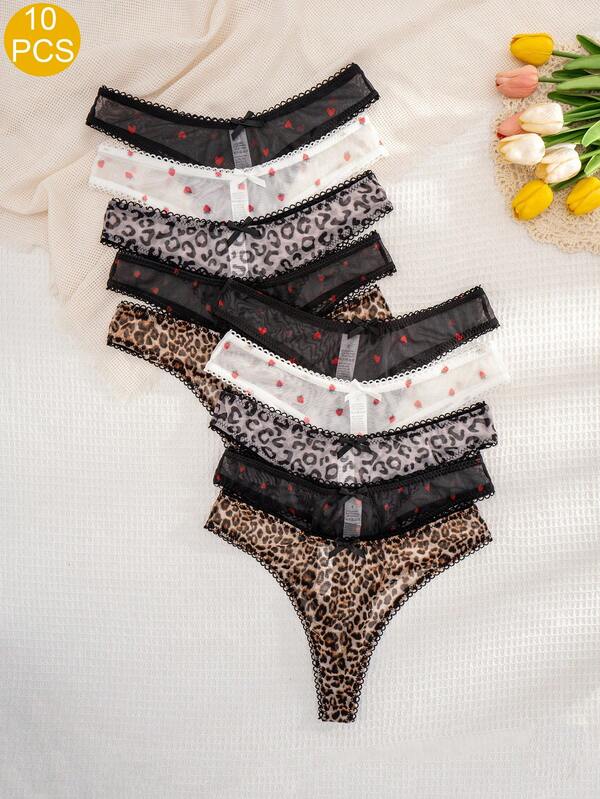 10pcs Women's Solid Color, Strawberry, Heart, Leopard Print, Bow Comfortable Thong Panties