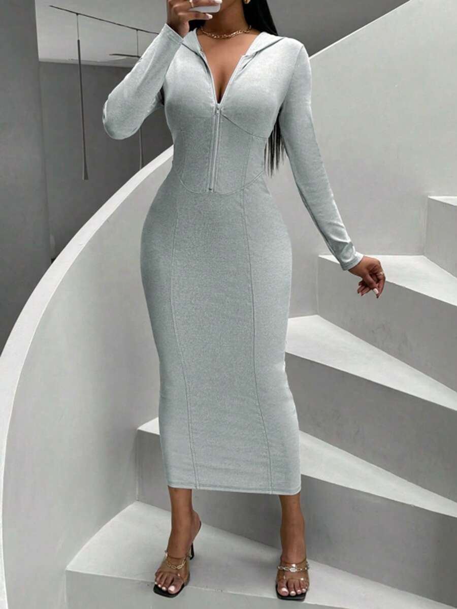 Vestido gris ajustado con capucha y cremallera para mujer - Gris Claro - Ver 1
