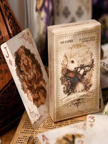 1PC Retro Alice Theme Playing Cards - Exquisite Double-Sided Anti-Slip Embossing, Four-Layer Die-Casting, Perfect For Family Gatherings And Party Games. Elegant Rabbit And Geometric Designs, Family Game Night. Geometric Card Patterns