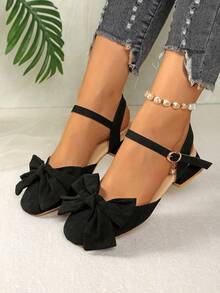 Damen Sandalen mit Schleifen-Dekor und Hohlmuster-Riemen, modische Sommer-Schnallen-Flachsandalen - Schwarz - Übersicht 5