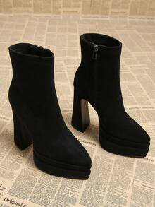 2026 Spring/Autumn New Elegant Black & Brown European Style Boots For Women, Thick Heel Super High Heel Pointed Toe Fashion Ankle Boots For Autumn/Winter - Black - View 3