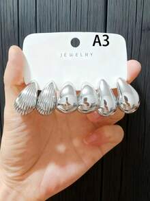 Set de 6-18 piezas de aretes de tono plateado surtidos, diseño único vintage, textura metálica, versátil y de nicho, accesorio de moda imprescindible - Plateado - Ver 4