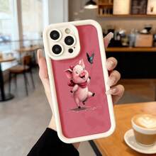 Phone Case With Black Edge And Red Back With Animated Pig And Butterfly Design For Daily Use In Cafes Suitable For Apple Series Phones - White - View 2