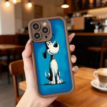 Funda de teléfono con borde negro y diseño de perro animado sobre fondo azul para uso diario en cafeterías y espacios urbanos Aplicable a los teléfonos de la serie Apple y Galaxy - Blanco - Ver 4