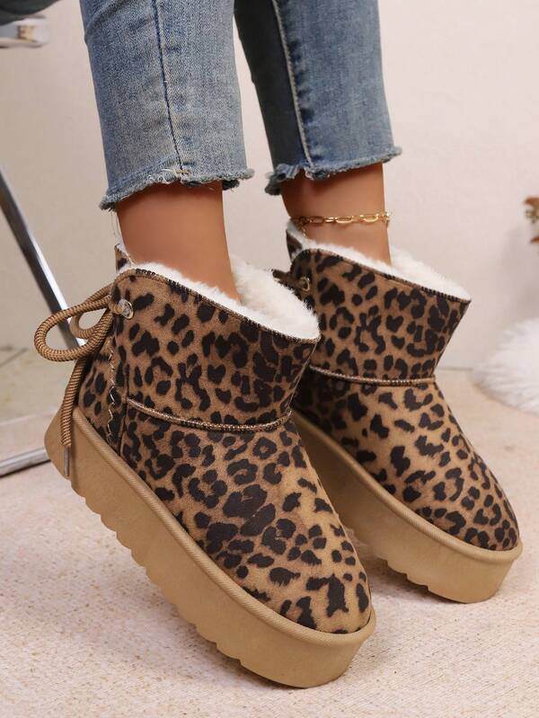 Botas de Neve com Cadarço e Estampa de Leopardo para Mulheres, Moda para Uso Externo no Inverno