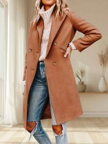 Women's Double Breasted Pea Coat Notched Lapel Wool Blend Long Winter Overcoat - 焦糖 - 查看 1