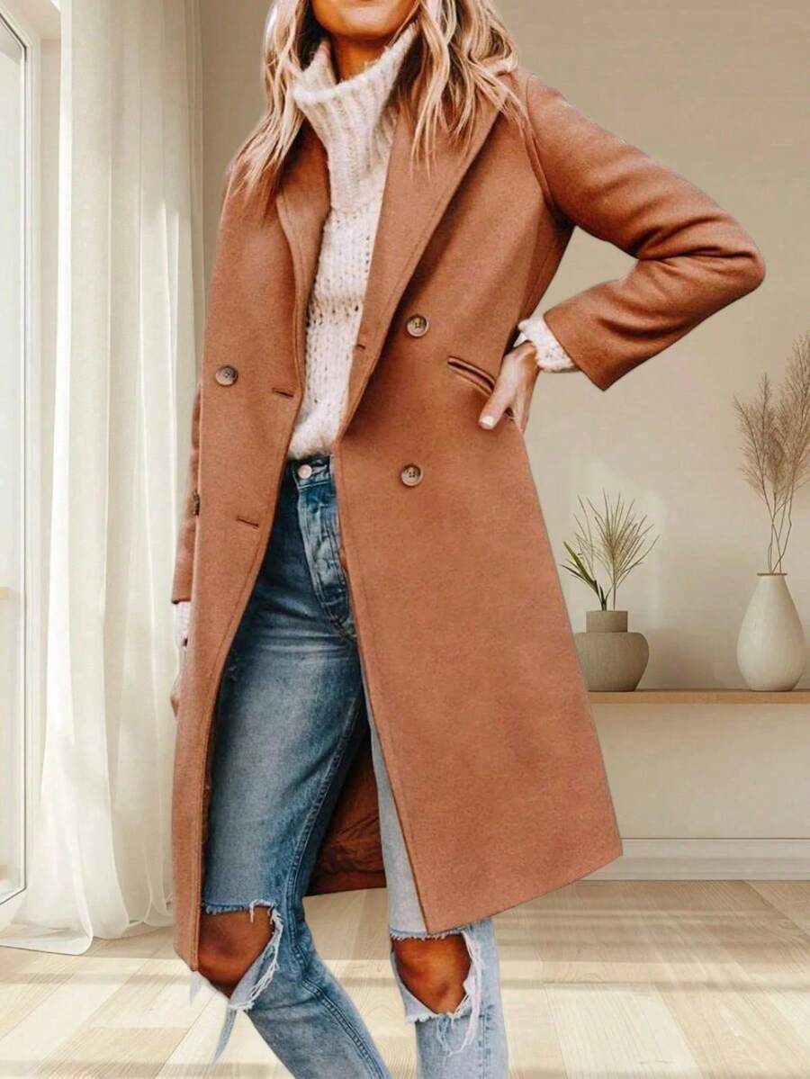Women's Double Breasted Pea Coat Notched Lapel Wool Blend Long Winter Overcoat - 焦糖 - 查看 1