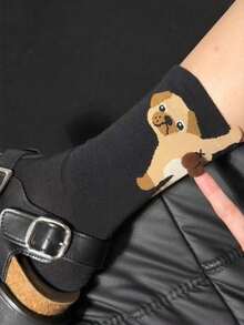 3 Pairs Random Puppy & Egg Design Cute Sweet Girl Street Fashion Mid-Calf Socks - Multicolor - View 19