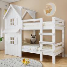 Children's Bunk Bed 90x200 Cm, Design With Windows And Roof, Side Rails And Straight 3-Step Ladder, Stabilized Slatted Base, Pine, MDF And Plywood Frame, White - White - View 2