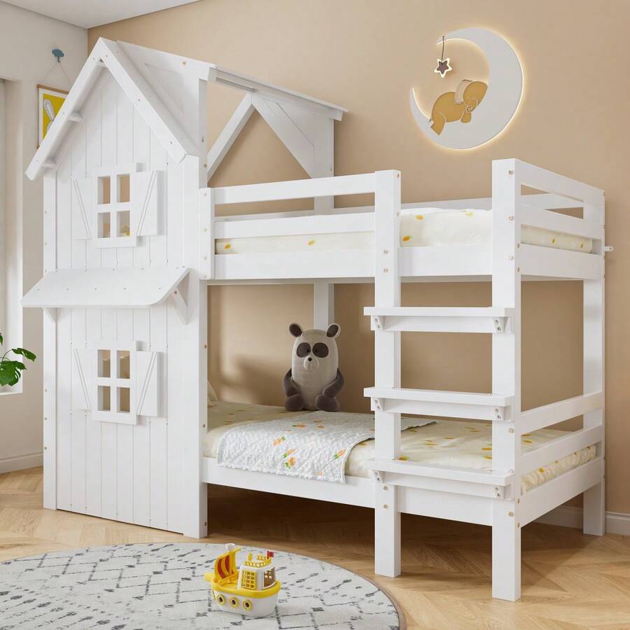 Children's Bunk Bed 90x200 Cm, Design With Windows And Roof, Side Rails And Straight 3-Step Ladder, Stabilized Slatted Base, Pine, MDF And Plywood Frame, White