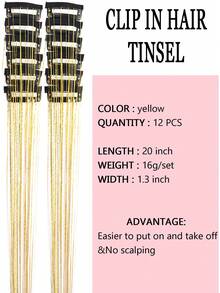 12片/盒，20英寸长直黄色接发片，夹式合成接发套装，适合女孩在圣诞节、万圣节、派对和日常佩戴。 - 金色 - 查看 2