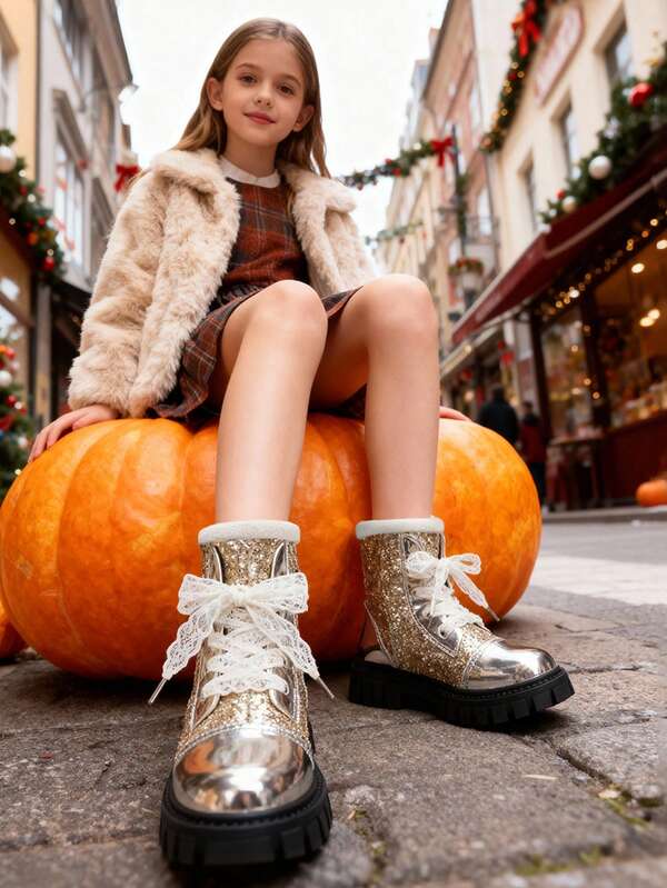 1 Pair Fashion Mid-Heel Boots For Girls, Made Of Shiny Soft Patent Leather Material, Comfortable Thermal Lined, Rear Zipper Design, Round Toe Block Heel, Non-Slip, Cute Mid-Calf Boots, Suitable For Daily Wear, School, Holiday, Party, Runway, New Autumn/Winter Collection