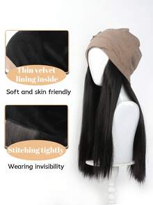 女士假发和帽子一体式设计，16英寸长直发合成假发，保暖柔软，适合秋冬季节佩戴。