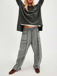 Pantalones casuales de mujer de pierna ancha con cordón y bolsillos - Gris - Ver 4