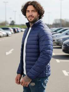 Men's Casual Cotton-Padded Jacket, Thick Autumn/Winter Jacket, Horizontal Embossed Texture, Basic And Versatile Style - Royal Blue - View 2