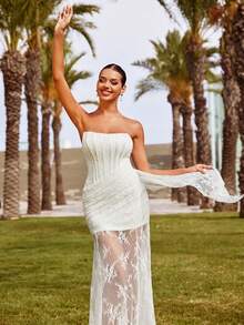 女士优雅无肩带婚纱 – 竖条纹、褶裥紧身胸衣和薄纱花卉蕾丝曳地长裙，适合新娘、春季连衣裙和夏季服装 - 白色 - 查看 2