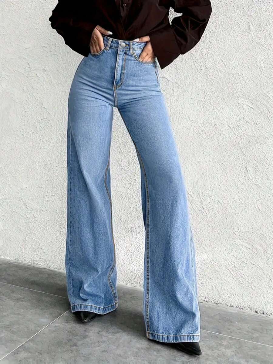 女士简约日常休闲百搭直筒牛仔裤 - 藍色 - 查看 1