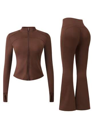 1 Conjunto de Mujer con Pantalón Acampanado de Manga Larga con Agujero para el Pulgar y Cuello Simulado con Cremallera, Traje Deportivo