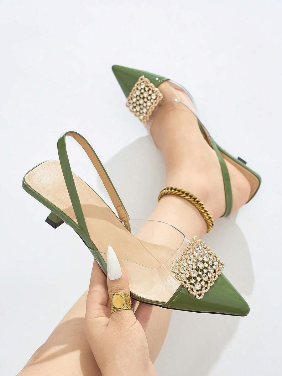 Giày cao gót hở mũi đính đá Rhinestone cho nữ, thanh lịch và thoải mái, thích hợp cho các bữa tiệc trang trọng, đám cưới, dạ tiệc vào mùa thu/đông, giày cao gót màu xanh lá cây