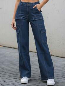 Pantalones vaqueros cargo largos de mezclilla recta para mujer, ideales para el día a día. - Azul - Ver 2