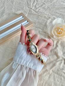 1pc Fashionable Creative Versatile Petite Personalized Women's Oval Quartz Watch, Oval Minimalist Dial, Mother Of Pearl Dial/Crystal Sister/Couple Watch, Suitable For Daily Wear And Holiday Gifts - Gold - View 6