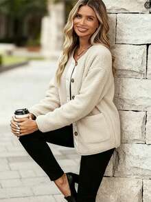 Exclusive For Fashionable Women In Autumn And Winter! Soft Beige Fleece Round - Neck Cardigan. Pocket And Button Details, A Warm Item Suitable For Daily And Party Occasions - Apricot - View 8