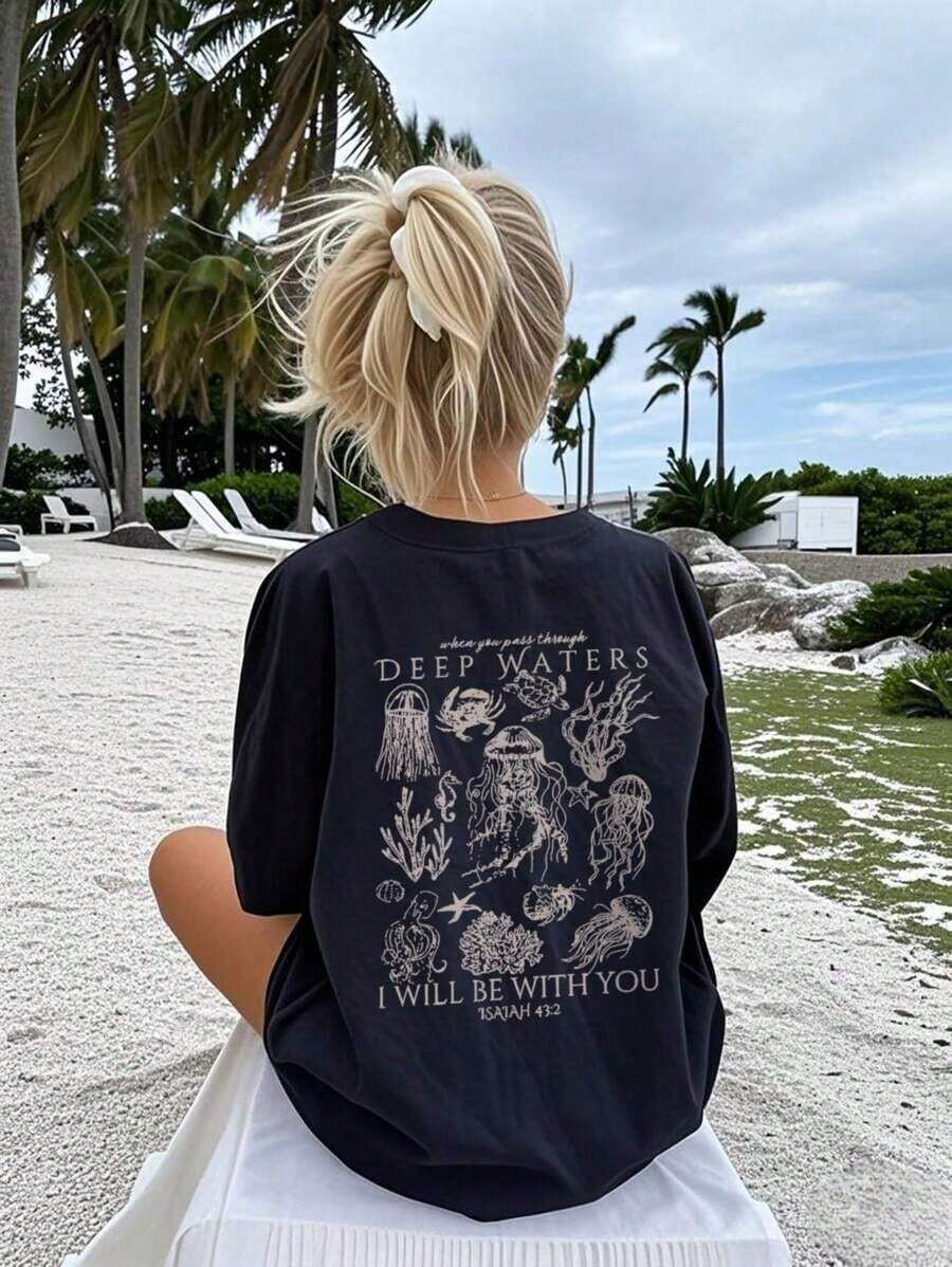 New Summer Women's Simple Cute Marine Life Print Casual Holiday Style Loose Versatile Round Neck White Short Sleeve T-Shirt Fashionable Daily Tops Suitable For Daily Wear On Holiday. Graphic T-Shirts Women's Pink Top - 黑色 - 查看 1