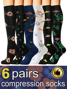 6 双女士压缩袜，花卉 Scocks 透气高筒压缩袜，适合跑步、健身、跳绳、骑行、运动