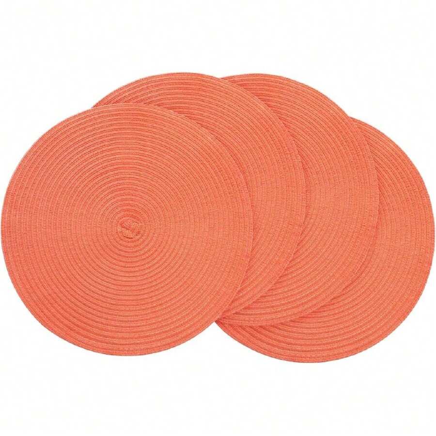 15 Inch Round Braided Placemats Set Of 4, Washable Heat Resistant Cotton Polyester Circle Place Mats For Kitchen Dining Table - Coral Orange,26584020 - 橘色 - 查看 1