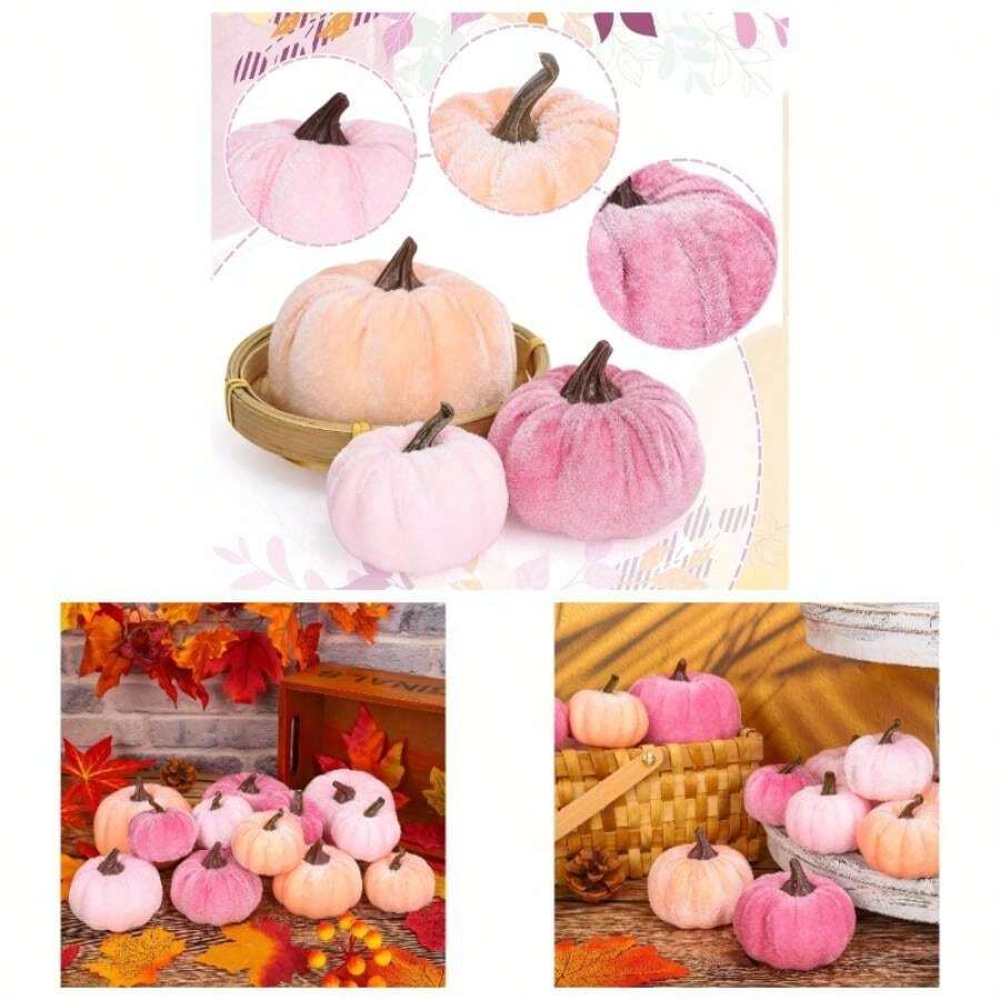 - 12 Calabazas Artificiales, 3 tamaos, Calabazas de Espuma con Terciopelo Falso en Color Naranja, caf y Caqui, pequea decoracin de Cosecha de otoo, Accin de Gracias y Halloween - Rosa, naranja - Ver 1