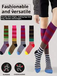 复古条纹过膝长袜，时尚显瘦，适合户外穿着，秋冬季佳选。