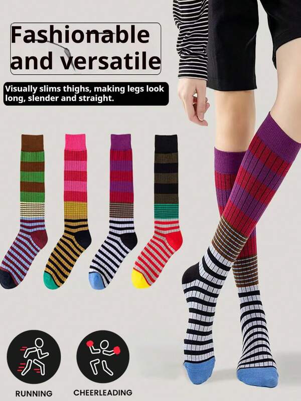 Retro Striped Thigh High Socks, Fashionable And Slimming, Suitable For Outdoor Wear, Autumn/Winter