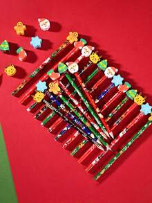 12pcs Christmas Big Leather Pencil, Cartoon Kindergarten Elementary School Students Can Eraser Christmas Prize Gift