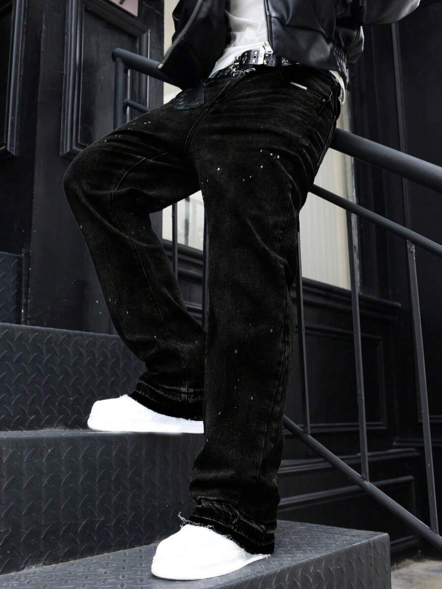 Slim Fit Stretch Denim Jeans, Distressed Washed Cotton Jeans, Versatile & Fashionable; Washed Denim Jeans With Slant Pockets, Lightweight Business Casual, Versatile; Straight Leg Casual Pants With Button & Zipper, Suitable For All Seasons - Black - View 1