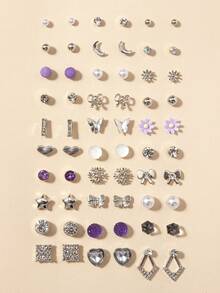 30 Pairs Elegant Butterfly & Snowflake Faux Pearl Metal Rhinestone Stud Earrings Set, Fashionable For Daily Casual Wear, Holiday Gift - Multicolor - View 7